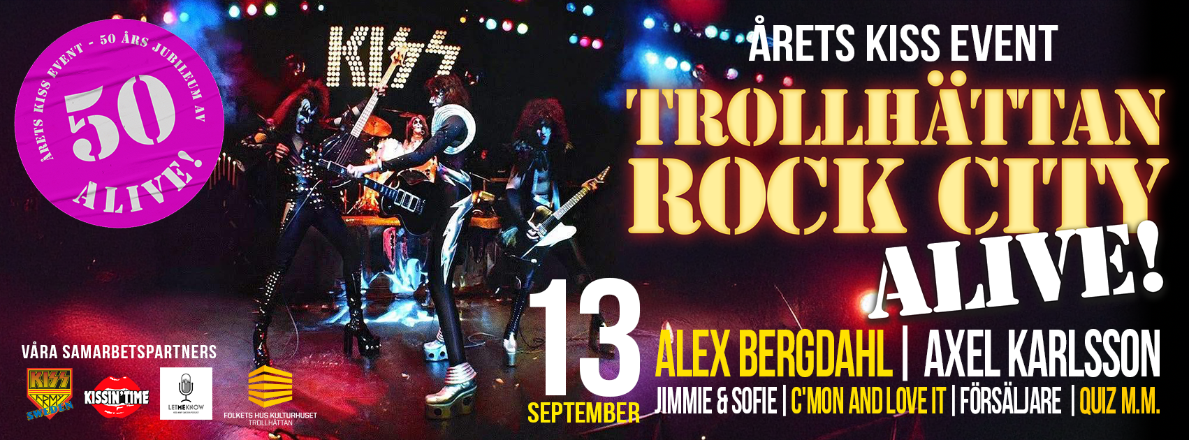 Affisch för Trollhättan Rock City 2025 – KISS Alive! 50-årsjubileum 13 september i Folkets Hus Trollhättan